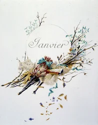 Janvier "La Chanson du mois" par Jérôme Doucet, illustration - Maurice Leloir, éd. Reims 1904. L. Michaud