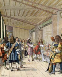 Le peintre Charles Lebrun (1619-1690), directeur de la manufacture, explique à Louis XIV, connu sous le nom de Roi-Soleil