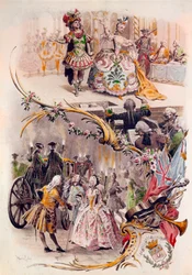 Menu de mariage avec illustration de Maurice Leloir (1851-1940) de bals en costumes et scènes galantes, 6/04/1900