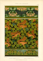 Ornementation Art Nouveau avec oiseaux, écureuils et éléments floraux (litho)