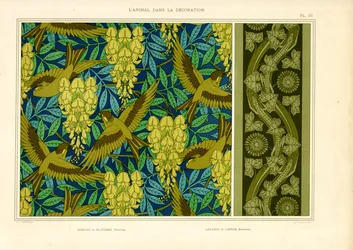 Oiseaux avec glycine et lézards avec lierre (litho)