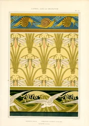 Bordures et motifs de surface avec animaux marins, libellules et mouettes (litho)