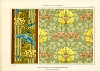 Papillons et oiseaux comme ornementation Art nouveau (litho)