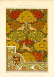 Motif forestier décoratif avec cerfs et arbres (litho)