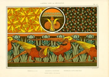 Motifs décoratifs avec faisans, oiseaux et coccinelles (litho)