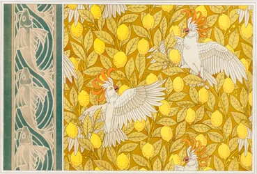Conception pour papier peint Cockatoos avec citrons et bordure de papier peint avec poissons volants