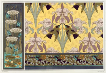 Design pour bordure de papier peint, tissu et panneau : Libellules, Nénuphars et Joncs fleuris, pub.
