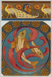 Projets pour une bordure de paons et de coquelicots, et une assiette émaillée décorée de grondins et d