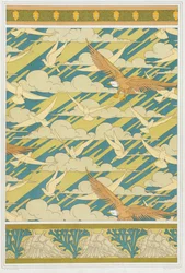 Conceptions pour bordure de papier peint "Punaise de courge", Papier peint avec aigles et pigeons; et bordure de papier peint avec coquillages et algues, de 