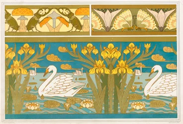Dessins pour bordure de papier peint avec scarabées et champignons, pub. 1897