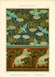 Poissons-rois et nénuphars avec frise de chevaux (litho)