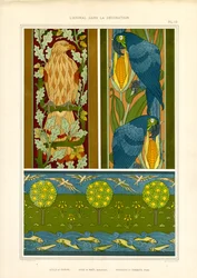 Bordures ornementales avec aigle, perroquets et frise paysagère (litho)