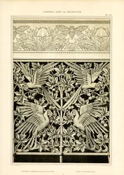 Compositions ornementales avec perroquets et cigales (litho)