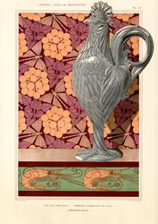 Vase en forme de coq avec fleurs en ombelles et motif de crevettes (litho)