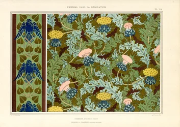 Ornementation de chardons avec insectes et corbeaux (litho)