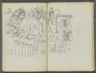Sketchbook- The Granite Shore Hotel, Rockport, page 054  55 : Maison et jardin clôturé