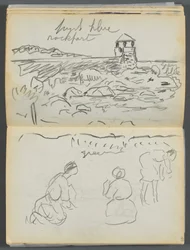 Sketchbook- The Granite Shore Hotel, Rockport, page 124  125 : Phare de Rockport et personnages sur le rivage