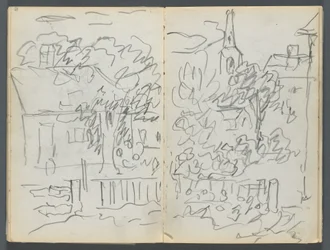 Carnet de croquis, The Dells, N° 127, page 084  85 : Paysage avec maisons et flèche