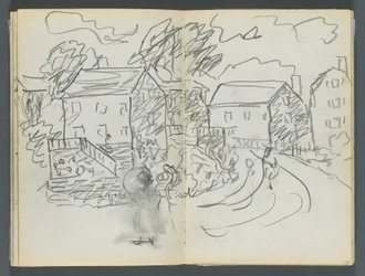 Sketchbook, The Dells, N° 127, page 102  103 : Paysage avec maisons et route