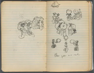 Carnet de croquis, page 110 111 : Étude pour des figures sur une plage