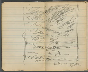 Carnet de croquis, pages 152 et 153 : Vue de la mer avec des notations de couleur