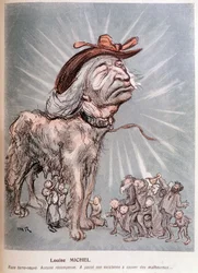 Caricature de Louise Michel en chien « race terre-neuve, sans récompense, a passé son existence à sauver les malheureux »