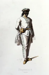 Personnage de Brighella en 1570. Maurice Sand "Masques et Bouffons" Paris 19ème siècle. (Maurice Sand était le fils de George Sand).