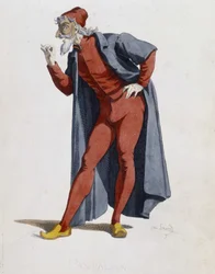 Costume et personnage de théâtre: Pantalone (Pantalon, docteur) Tiré de «Masques et bouffons» (comédie italienne), texte et dessins par Maurice Sand, gravures par A. Manceau, préface de Georges Sand, Paris, Michel Lévy Frères