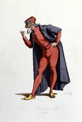 Costume et personnage de théâtre : Pantalone (en fr. Pantalone, docteur) tiré de « Masques et bouffons » (Comédie italienne : Commedia dell