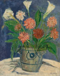 Vase avec des lis arum et des dahlias, vers 1932 (huile sur toile)