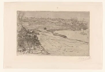 Paysage avec maisons et eau avec voiliers amarrés