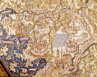 Vue de la Chine (Cambaluc, maintenant Pékin) Détail de la carte du monde (mappamundi) du frère Maurus (Mauro) Camaldolese 1459