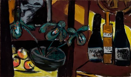 Nature morte sur fond brun et jaune (bouteilles de champagne et orchidées)
