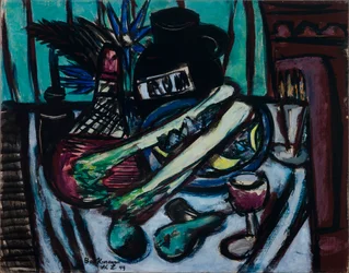 Nature morte avec bouteille de Chianti et céleri