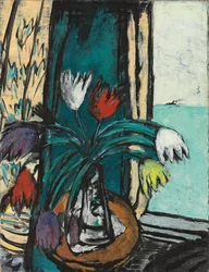 Nature morte avec tulipes et vue sur la mer