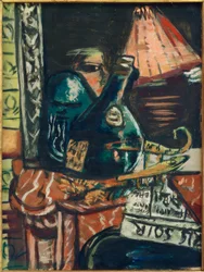 Nature morte avec bouteille de schnaps inclinée et Bouddha
