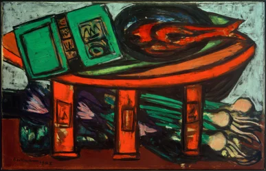 Nature morte avec livre vert et radis