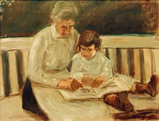 Petite-fille et nourrice sur le banc de jardin