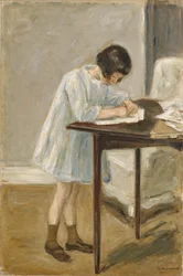Petite-fille, jeune fille debout écrivant