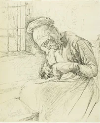 Vieille femme raccommodant à la fenêtre