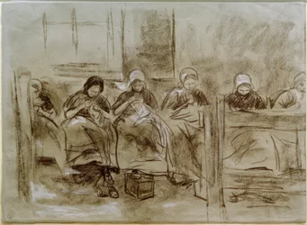 Six filles hollandaises cousant devant un mur de maison
