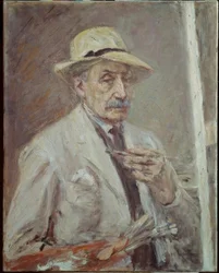 Autoportrait avec blouse de peintre et chapeau
