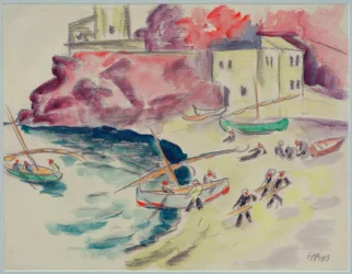 Baie portuaire avec des pêcheurs