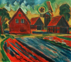 Maisons rouges avec moulin à vent