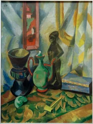 Nature morte avec vase, cruche mauresque et figure en bois