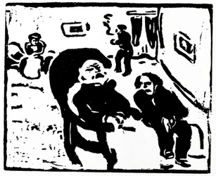 Gravure sur bois représentant des personnes assises dans un salon