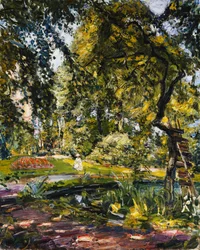 Jardin à Godrammstein avec un arbre tordu et un étang, 1910