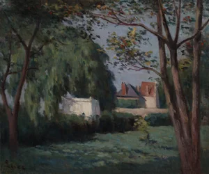 Scène de campagne avec trois maisons et arbres