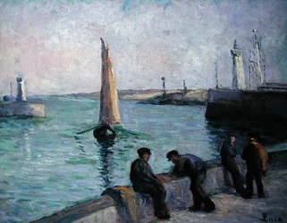 Pêcheurs dans un port, vers 1920