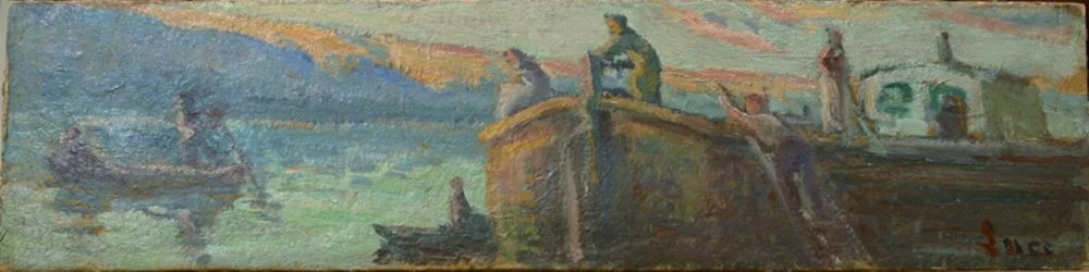 Paysage fluvial avec barge et bateaux